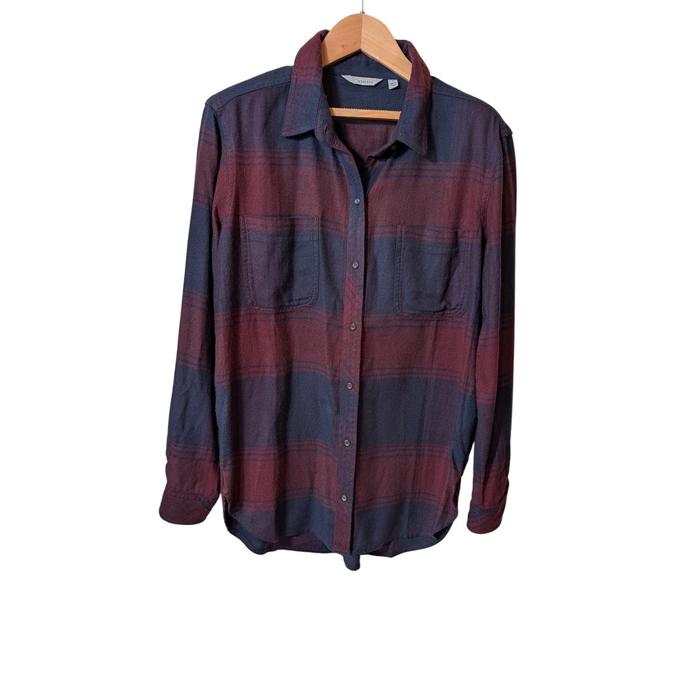 Athleta Womens Medium Plaid Flannel Button Down Shirt Burgundy Navy Blue Cotton